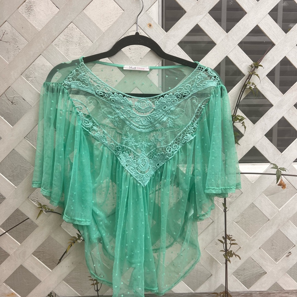 Must Have Green Asymmetrical Ruffled Blouse with Bib Collar